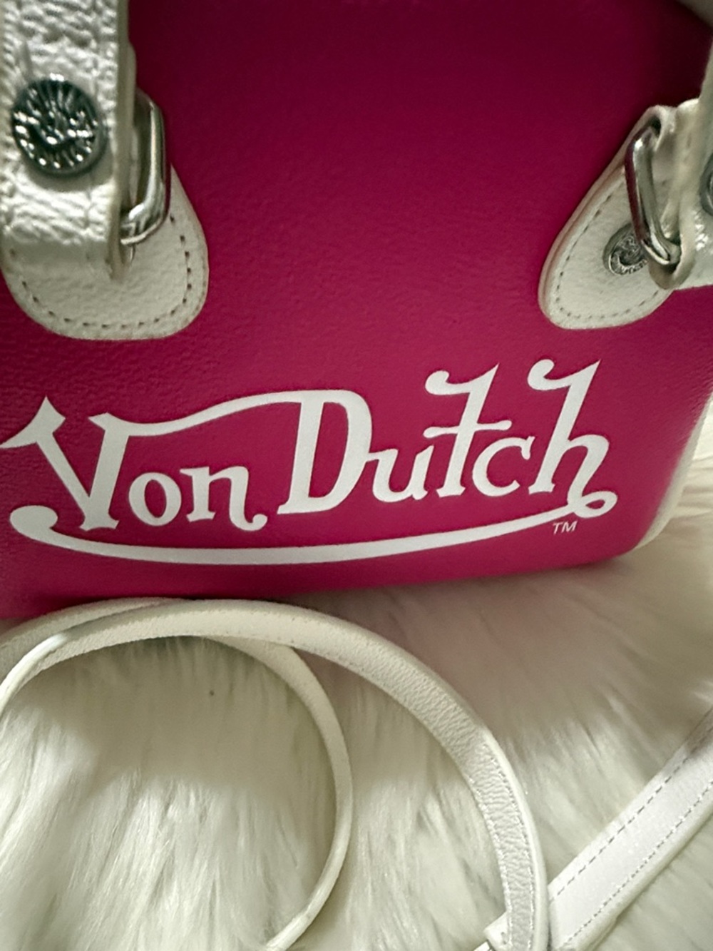 Von Dutch Hot Pink Mini Dome Crossbody with White Trim - Picture 2 of 5